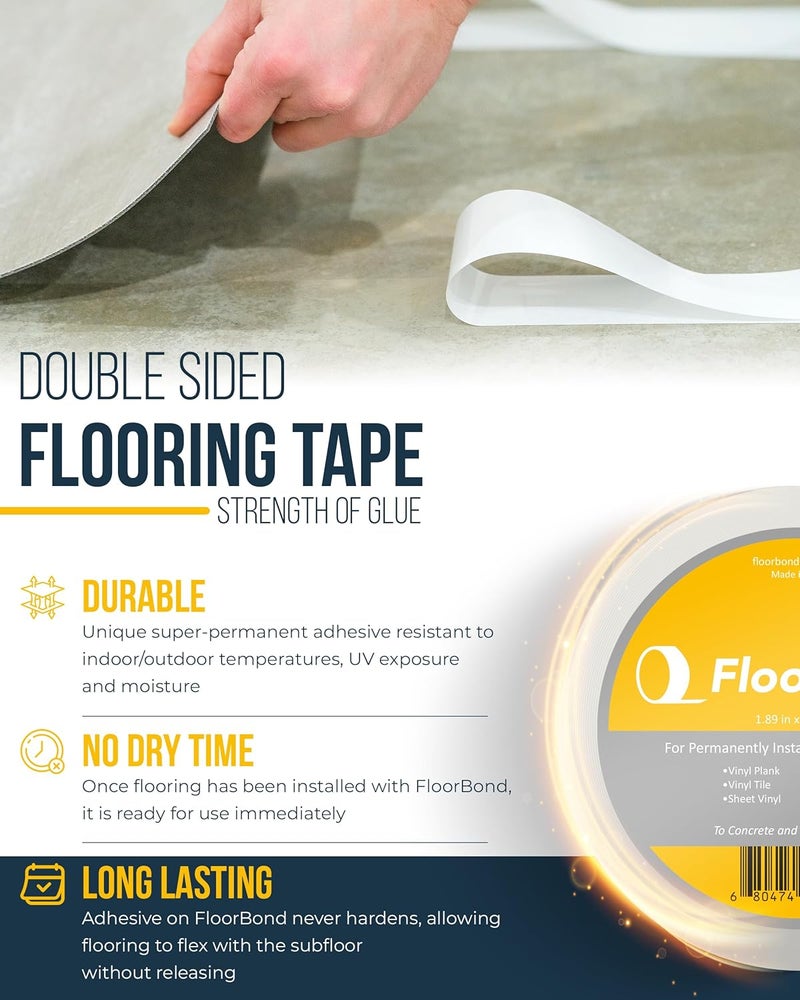 FloorBond شريط لاصق مزدوج الجوانب للاستخدام الثقيل لشريط السجاد للأرضيات المرنة والفينيل، بلاط السجاد، العشب الصناعي، بلاط الصالة الرياضية الرغوي، بلاط الصالة الرياضية المطاطي، سهل التركيب، قبضة قوية للغاية - Image 2